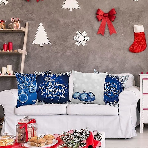 4 stk. Putetrekk med juletema, juleputetrekk, juleputetrekk, juleputetrekk til sofa, juleputetrekk (blå)