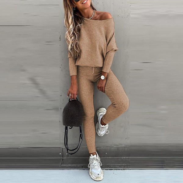 Kvinnor Vanlig Casual träningsoverall långärmad T-shirt Leggings Skinny Pants Outfit Set Khaki M