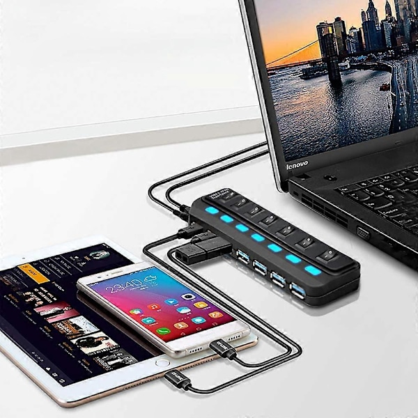 USB Hub 3.0 med Adapter, 7 Portar Supersnabb USB Hub