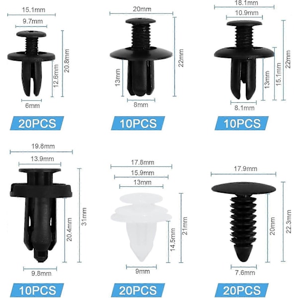 100 st Bil Kaross Trim Clips, Plast Nitar Fästen Universal Auto Svarta Nylon Clips Stötfångare Clips C