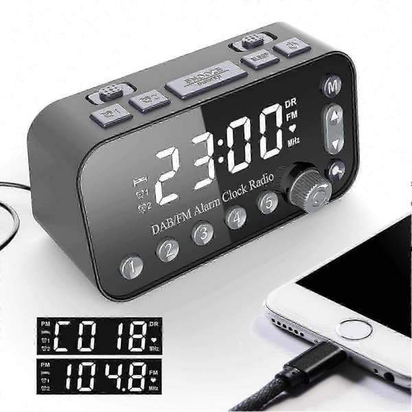 Digital väckarklocka med radio, dubbla USB, LED-display och FM/DAB för sovrum Black