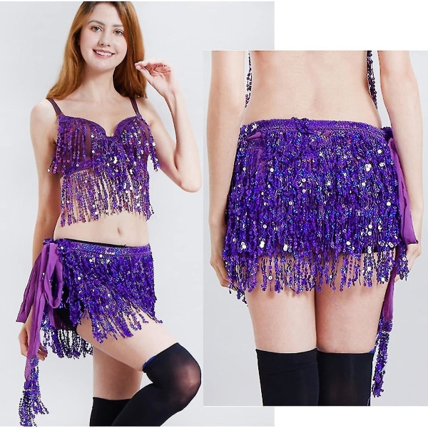 Damkjol med paljetter med tofs Glitter Magdans Hip Scarf Wrap Party Kostym Purple