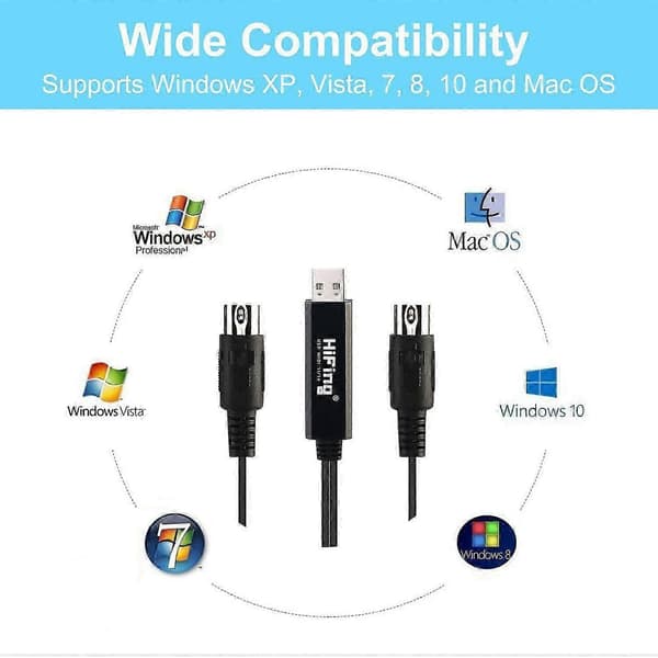 USB IN-OUT MIDI Interface Konverter/Adapter med 5-PIN DIN MIDI Kabel egnet til PC/Laptop/