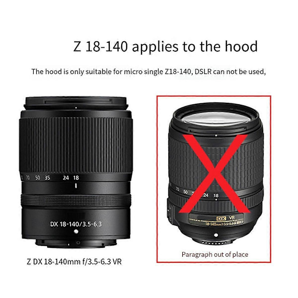 HB101 Modlysblænde til Nikon Z DX 18-140mm F/3.5-6.3 VR, 18-140 F3.5-6.3 VR Spejlløs