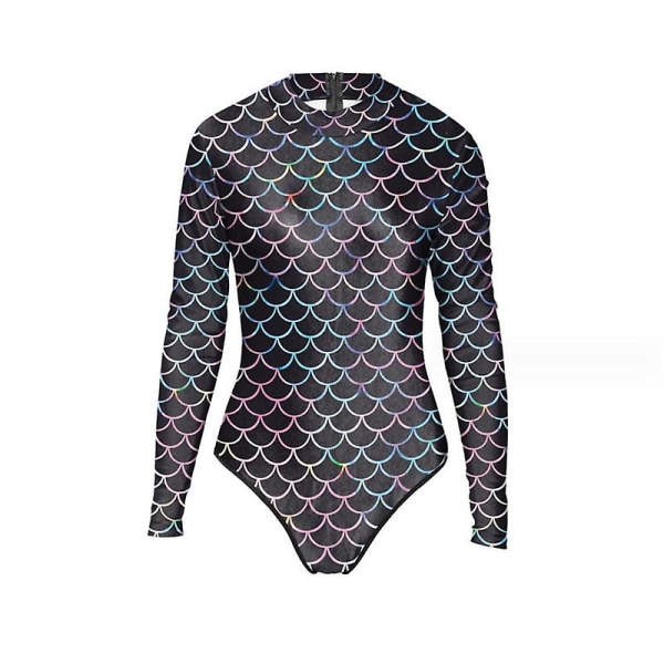 Dambaddräkt Fiskfjäll Print Långärmad Rash Guard Zipper Surfing Baddräkt L to XL