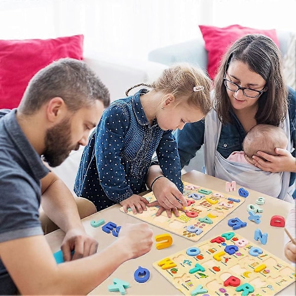 Träpussel för småbarn, 2-pack överdimensionerade träpussel med ABC-alfabet och siffror, formpussel 1-6 år, förskolepedagogiska pusselbokstäver för inlärning
