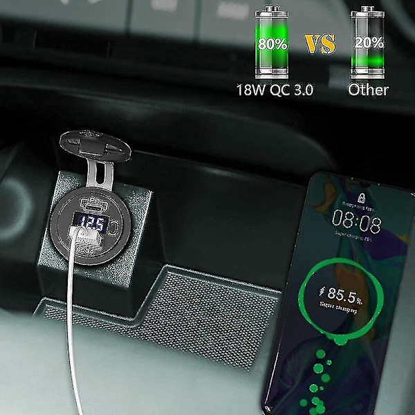 48W USB C Billaderuttak, 12V/24V PD&QC 3.0 Billaderuttak med LED Voltmeter og På/Av-bryter Hurtiglader