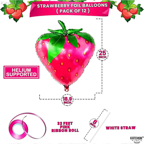 Jordgubbsballonger för jordgubbstemafester - 63 cm, 12-pack | Fruktballonger av Mylar för jordgubbstårta-dekorationer | Fruktballonger
