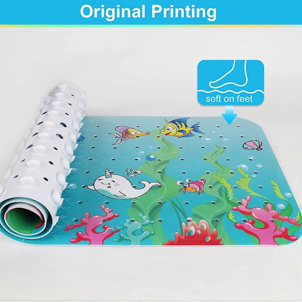 40cm*100cm Sklisikker Badematte for Barn - Ekstra Stor Tegneserie Baby Badematte for Badekar, Delfinprint Sklisikker Dusjmatte med Sugekopper og Dreneringshull