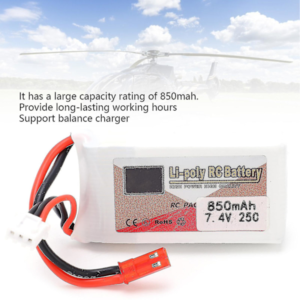 850mAh 25C LiPo-akku JST-liittimellä - 7.4V RC-autoihin, veneisiin ja helikoptereihin