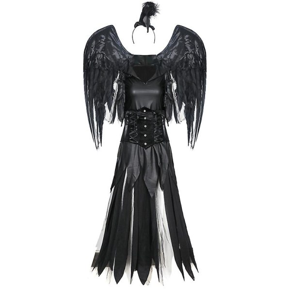 Flera Carnival Halloween Lady Deluxe Dark Angel kostym Fallen demonisk fjäder Halo Wings Rollspel Cosplay Fancy festklänning Black 02 L