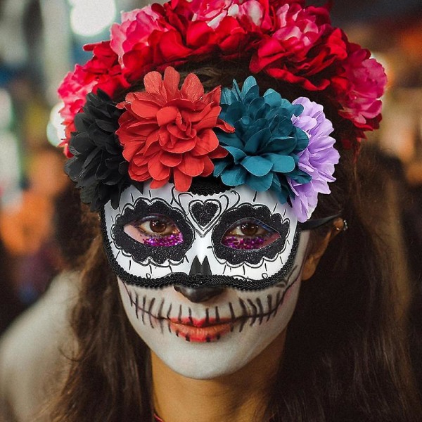 Day Of The Dead Face Cover Sugar Skull Blommor Dekor Halv Masque Halv Face Cover Prydnadskläder Tillbehör för Halloween-fest Red