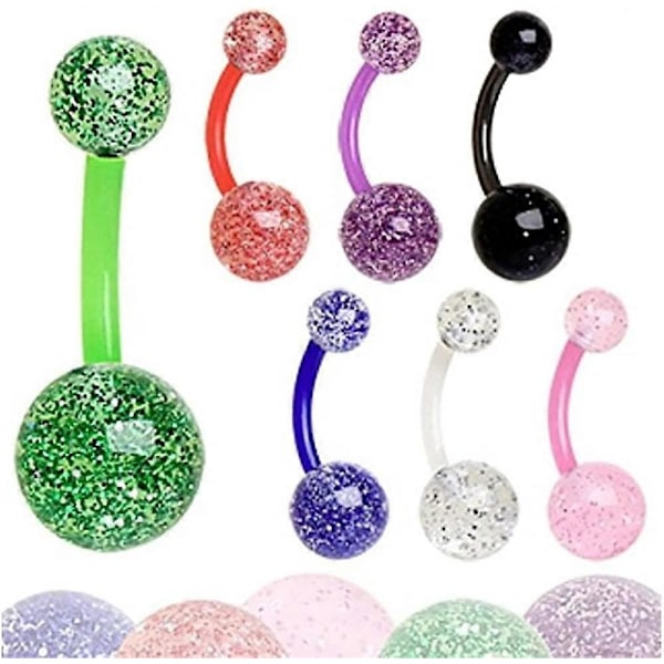 - Sett med 7 14GA Bioflex Ultra Glitter Akryl Kule Navlepiercinger