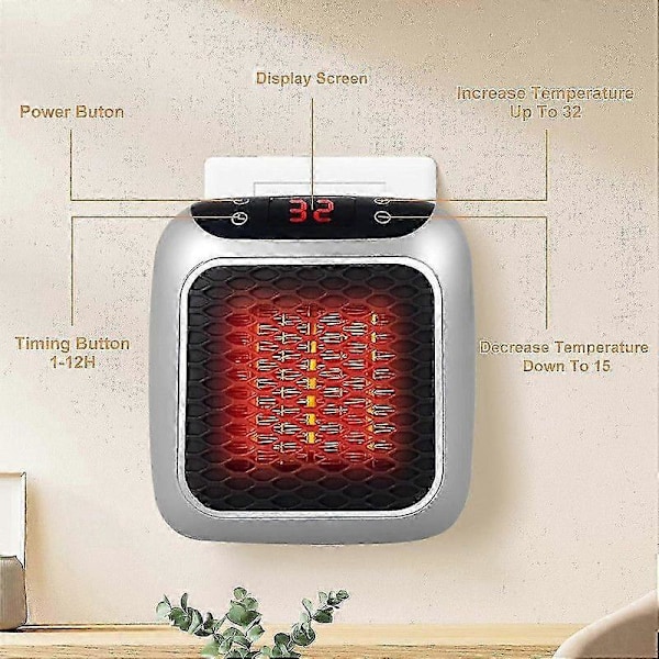 Bærbar Varmeovn, 800W Keramisk Plug-in Varmeovn, Elektrisk Vifteovn med Fjernkontroll, 12T Timer, LED-Display, 2 Varmeinnstillinger-Sa