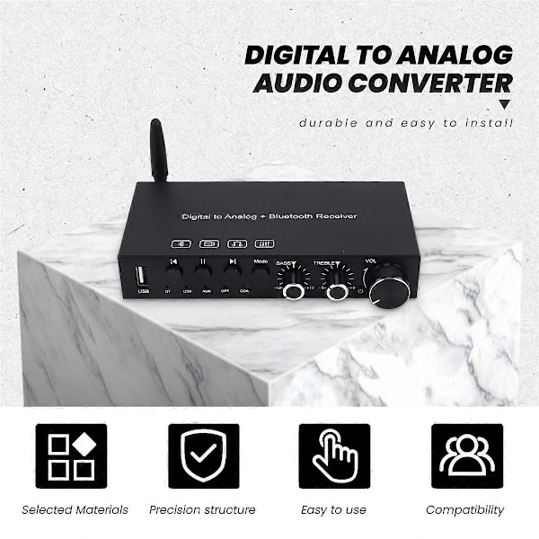 USB 192KHz DAC Digital til Analog Konverter med Hodetelefonforsterker Innebygd Bluetooth 5.0 Mottaker