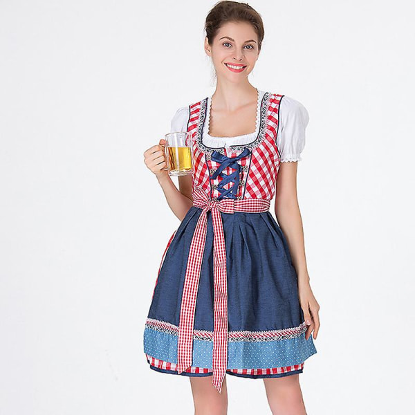 Traditionell Dirndl Oktoberfest Kostym Beerfest Pubar Wench Plädklänning Förkläde Cosplay Carnival Halloween Fancy Party Dress Pink M