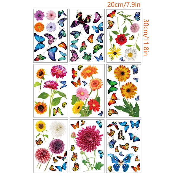9 stk. simulering små blomster sommerfugl elektrostatisk vindue