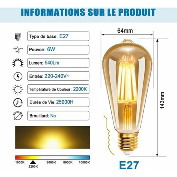 Led Filament E27 St64 6w 2200k Vit Vit, Retro Budge Vintage