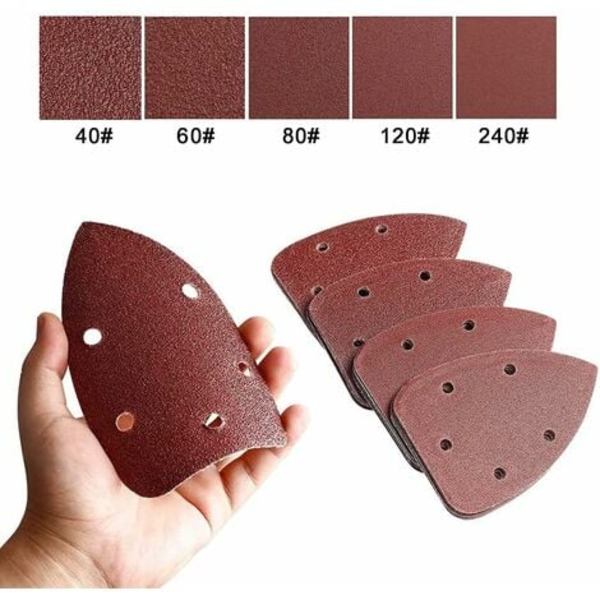 50-pack slippapper, sandpapper, 5 hål - 90 x 140 mm - slippapper trianglar - 10 x korn 40/60/80/120/240 - för Black and Decker triangelslip