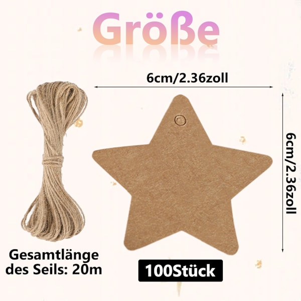 100 stjerneformede gaveetiketter med kraftpapir, brune gaveetiketter 6cm, kraftpapir hengeetiketter, utstyrt med et 20m langt jutetau, egnet for kunst,