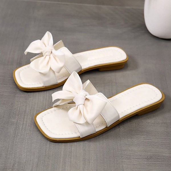 1 Par Dam Bowknot Sandaler med Öppen Tå Casual Sommarsandaler Slip On Platt Sandaler för Promenader Shopping Beige 37