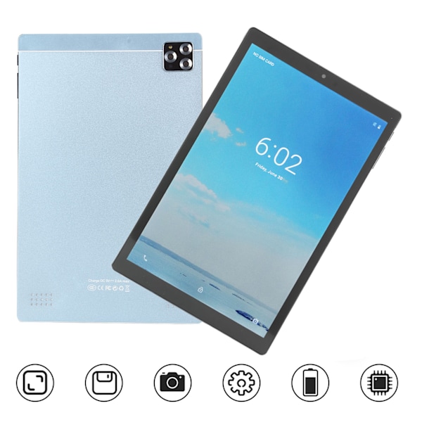 10-tums Tablet för Android 10.1 6GB 128GB 5G WiFi 2560x1600 Upplösning 2MP Front 5MP Bakre Dubbla SIM Dubbla Standby Tablet PC Blå