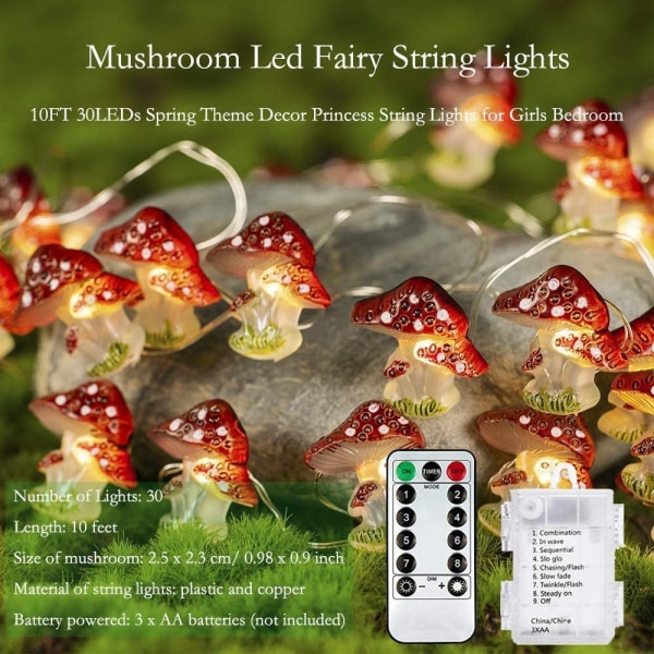 KAiSnova LED-ljusslinga med svampdekor, 10 fot, 30 LED-lampor, batteridriven