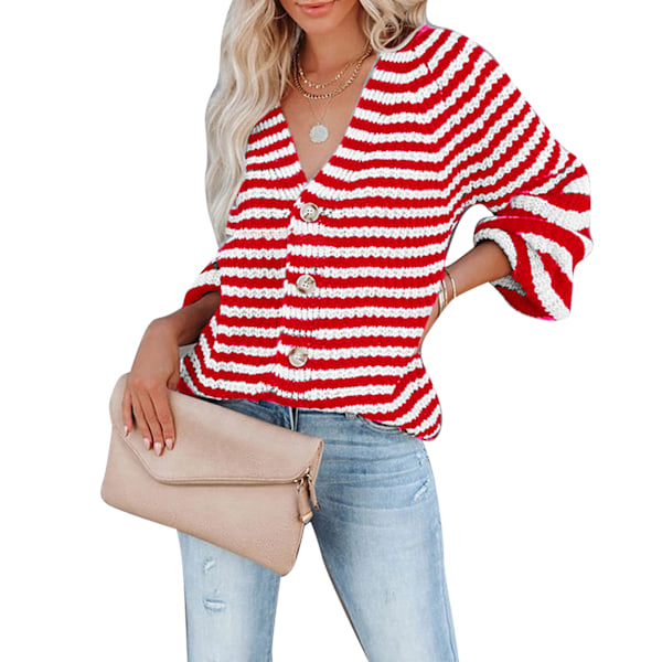 Damrandig Stickad Blus Knäppning V-ringad Stickad Topp Långärmad Casual Randig Blus Röd S
