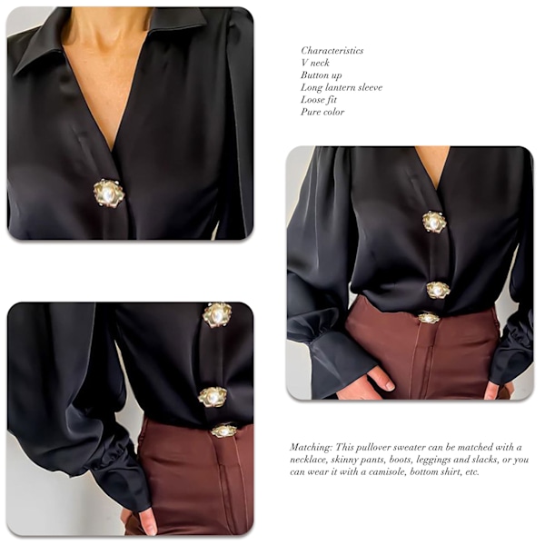 Dam Satin V-ringad Skjorta Lång Lykta Ärm Knapp Upp Lös Passform Elegant Casual Skjorta Svart XL