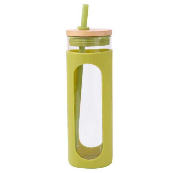 600ml glass tumbler, with bamboo cover and straw, spill-proof glass bottle, with silicone protective cover, without BPA.