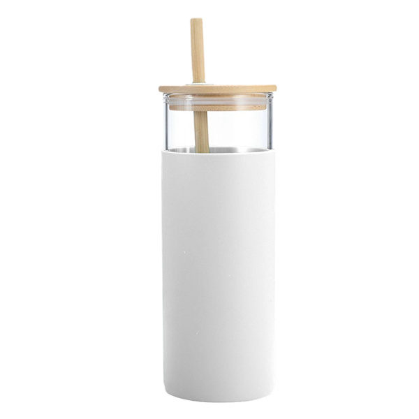 500 ml enkeltlags glas sugerør kop med bambus låg, glas håndholdt kop med silikone kopholder
