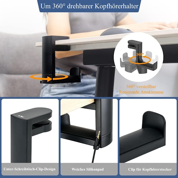 Hovedtelefonholder til skrivebord - 360° drejelig headset - Sort