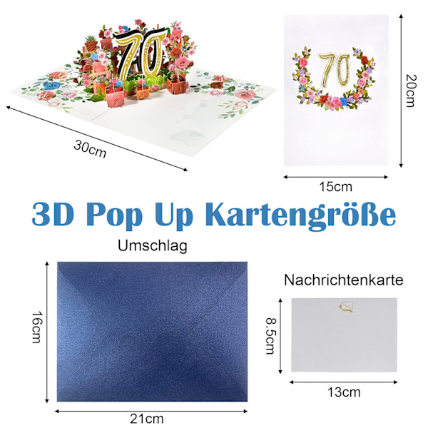 Zulbceo 70-vuotissyntymäpäiväkortti, kukka-popup-kortti, syntymäpäiväonnittelukortti, onnittelukortit, syntymäpäiväkortit kirjekuorella ja muistikortilla, ponnahduskortti,
