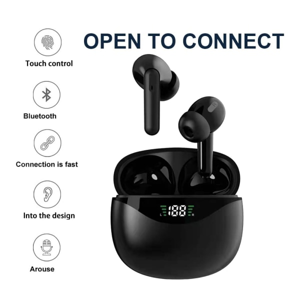 Trådlösa hörlurar, Bluetooth 5.1-hörlurar med LED Digital black