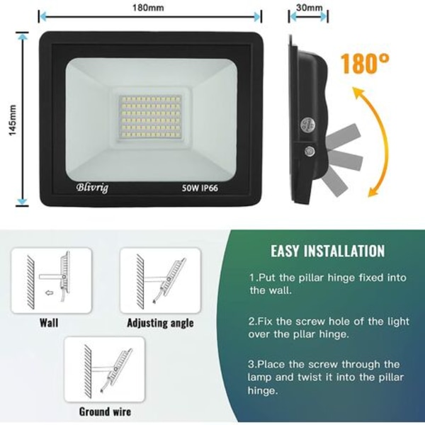 50W LED-strålkastare för utomhusbruk, varmvit 3000K, 5000LM LED-strålkastare för utomhusbruk IP66 vattentät, LED-belysning för terrass, uteplats, gångar, arenor