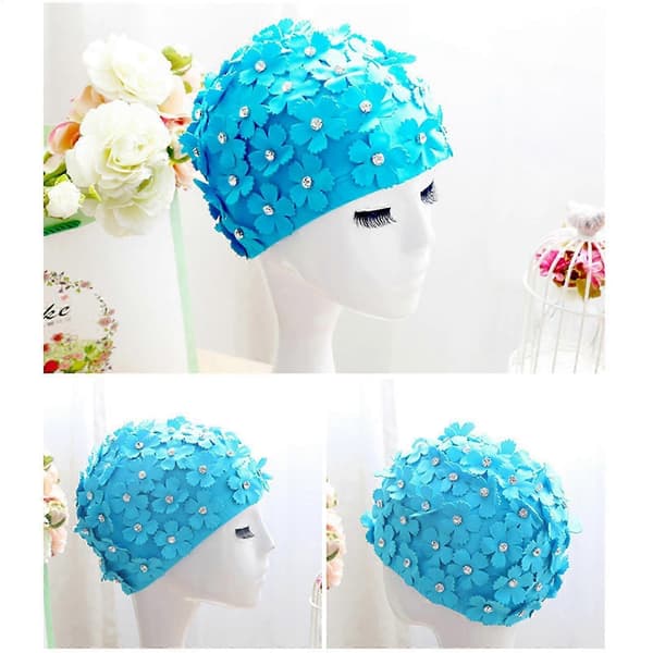 Oversized badehatte, 3D-blomsterdesign med rhinsten, stilfuldt svømmetilbehør_NY Blue