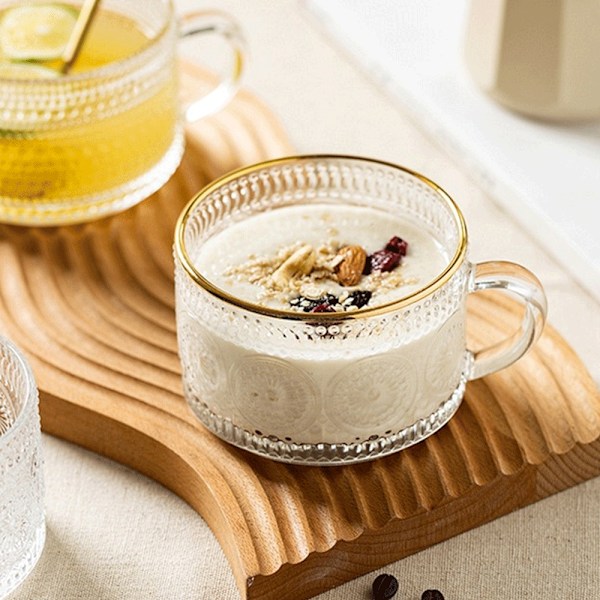2 stk 400 ml glas kaffekopper sæt, præget tekopper til cappuccino, latte, korn, yoghurt, drikkevarer