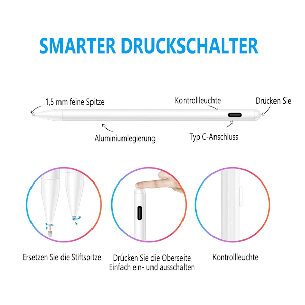 Stylus-penna för iPad, högprecisionspenna för handflatan som är kompatibel med iPad Pro (11"/12,9"), iPad 6:e/7:e/8:e generationen, iPad Air 3:e och 4:e generationen, iPad Mini