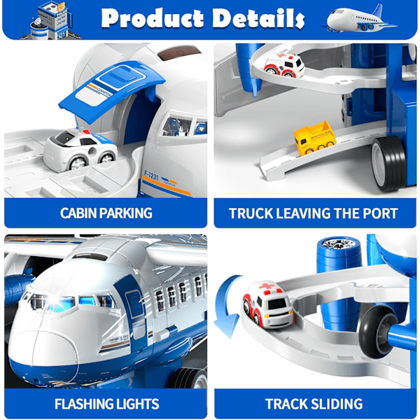 Transport Cargo Flyvemaskine Legetøj, Med Musik Og Lys Legetøjsfly Bil Legetøjssæt, Med Legetøjsbil 1 Kort 1 Barrikade Til Drenge Og Piger Over 3 År