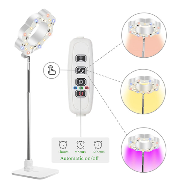 Växtlampor för små inomhusväxter, varm+vit 48LEDs fullspektrum växtlampa, höjdjusterbar med 5V 2A adapter, 3/9/12H timer, 3 spektral