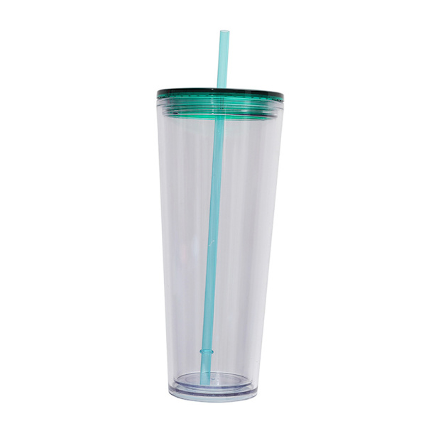 750 ml dubbelväggig plast kallvattenkopp, transparent dryckeskopp, halmvattenkopp med färgat lock