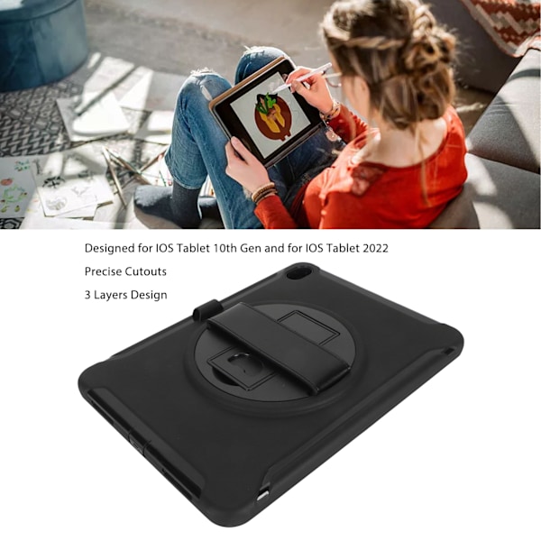 Tabletfodral Hård PC Exakta Utskärningar Handrem 360 Graders Ställ 3 Lager Fodral för IOS Tablet 10:e Gen 2022 Svart