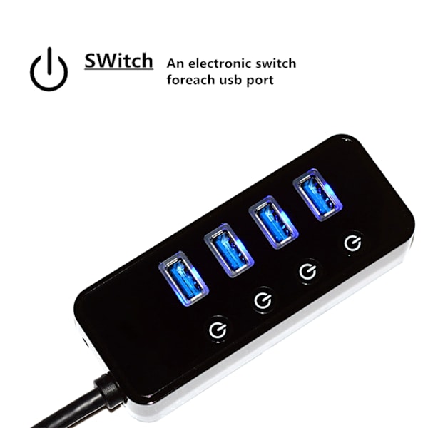 4-Port USB 3.0 Hub med 4 USB 3.0 Data Porte og 1 USB Smart Opladningsport, USB Splitter med Individuelle Tænd/Sluk Knapper og 5V/3A Strømadapter
