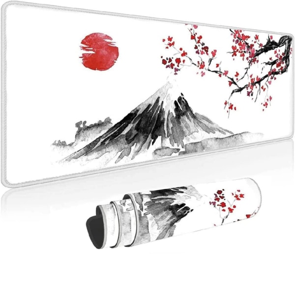 Gaming Musematte 800 x 300 mm Japan Ink Painting Mountain Sakura Sun Mountain Fuji Musematte Store sydde kanter Vanntett Anti-Slip for PC,