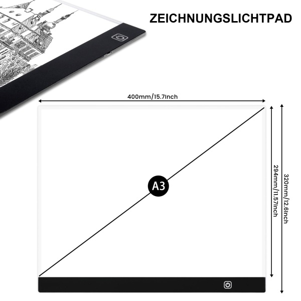 Led lyspute A3, lysbord A3 bærbar LED, lysbord LED tegnebrett, med justerbar lysstyrke
