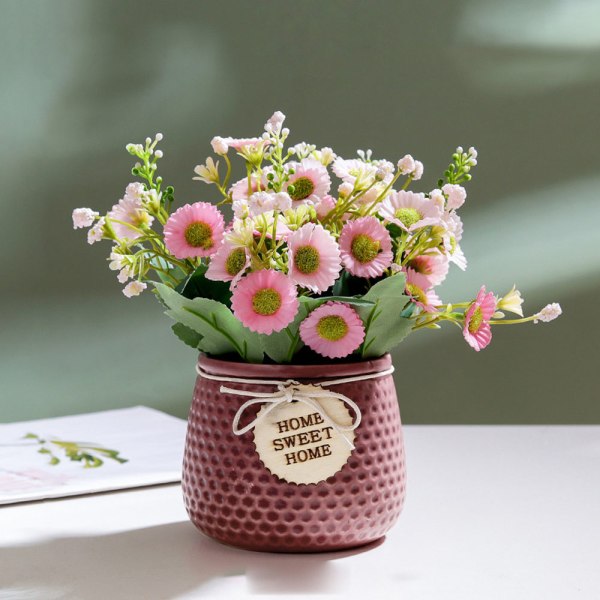 Kunstig blomstpotte silke rosebukett dekorert keramikk