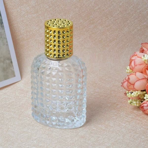 Påfyllningsbara tomma sprayflaskor i klar glas, 50 ml, med påfyllningstratt (guld)