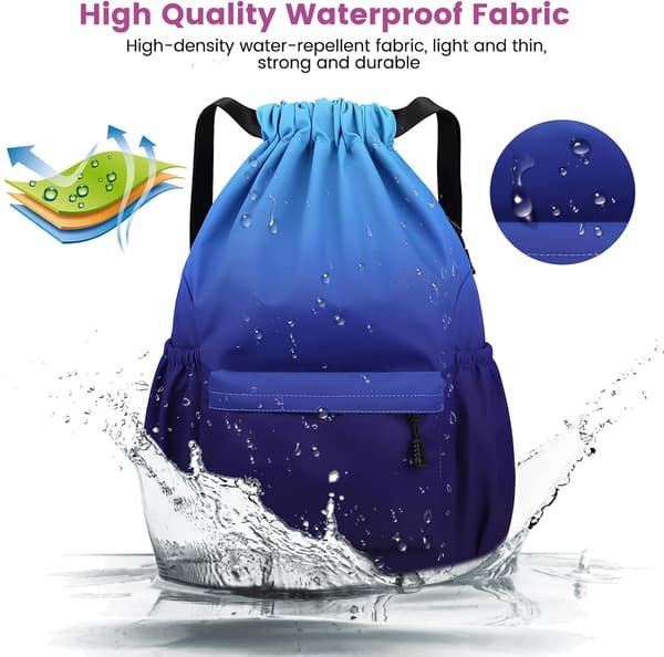 Drawstring Gym Bag, Large Drawstring Bags with Mesh Pockets, Waterproof Nylon Drawstring Bag, Drawstring Gym Bag Cyan