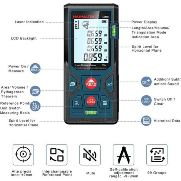 Digital laseravstandsmåler, LM50 50m digital lasermåler,