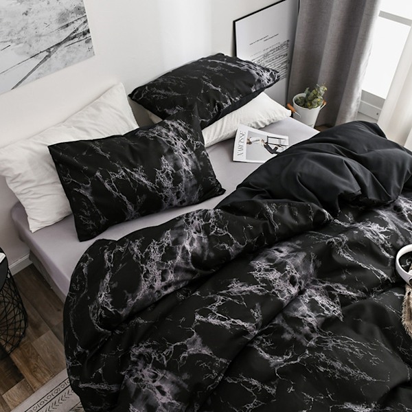 3-delars set Marmorerat Polyester Sängkläder Quiltöverdrag med Kuddfodral AU-Dubbel Storlek (Svart)